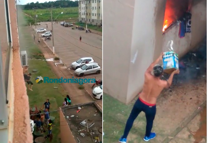 Vídeo: Desesperada, mãe joga filhos de apartamento durante incêndio no Orgulho do Madeira