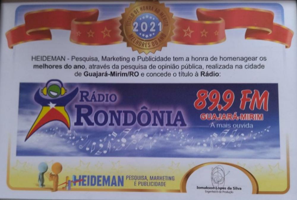 EMPRESA DE PESQUISA E MARKETING ENTREGA CERTIFICADO A RONDÔNIA FM 89,9 - A MAIS OUVIDA EM 2021.
