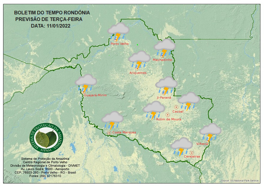 Tempo nublado nesta terça-feira e possibilidade de chuva torrencial em Rondônia