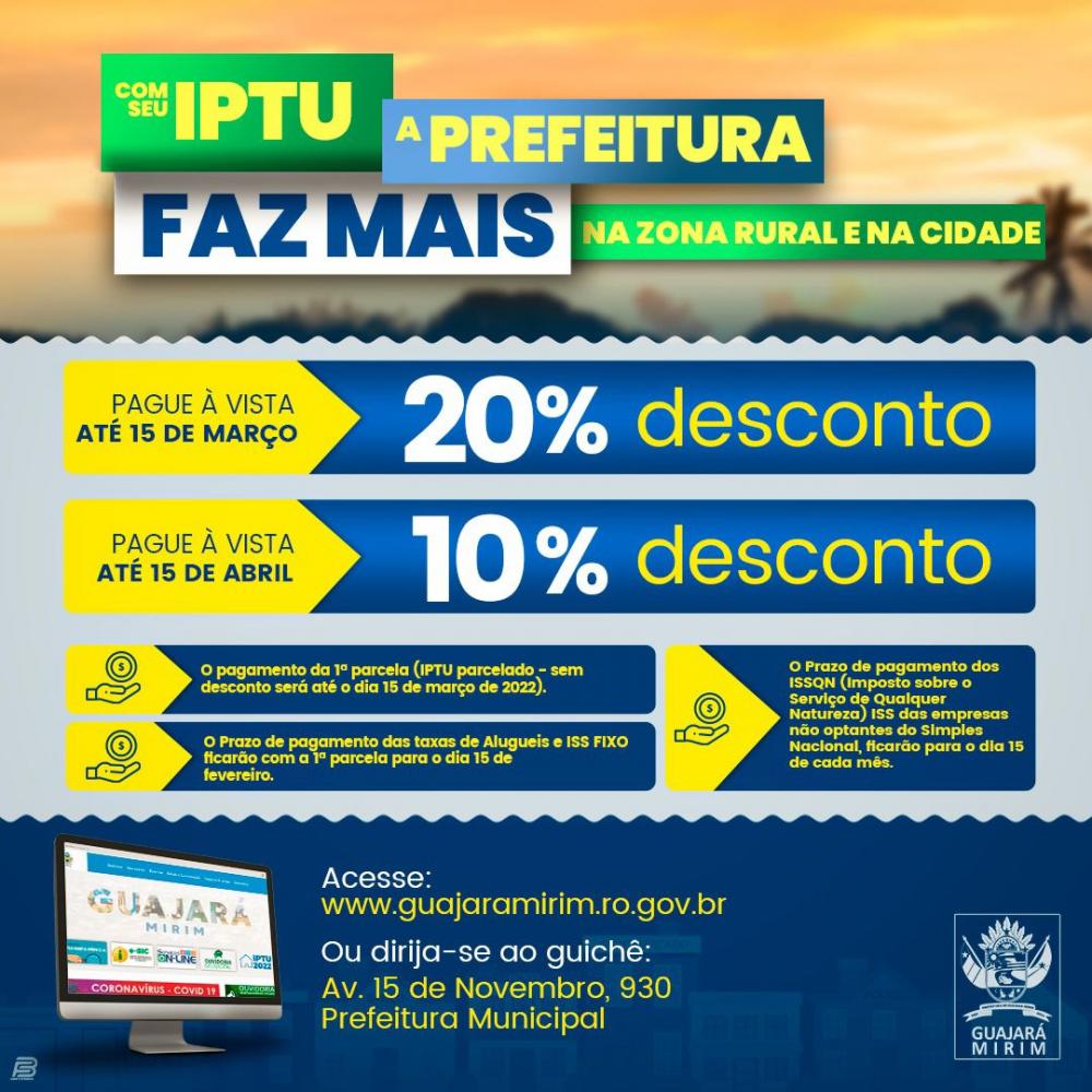 PREFEITURA: IPTU-2022 pode ser pago com descontos ou parcelado.
