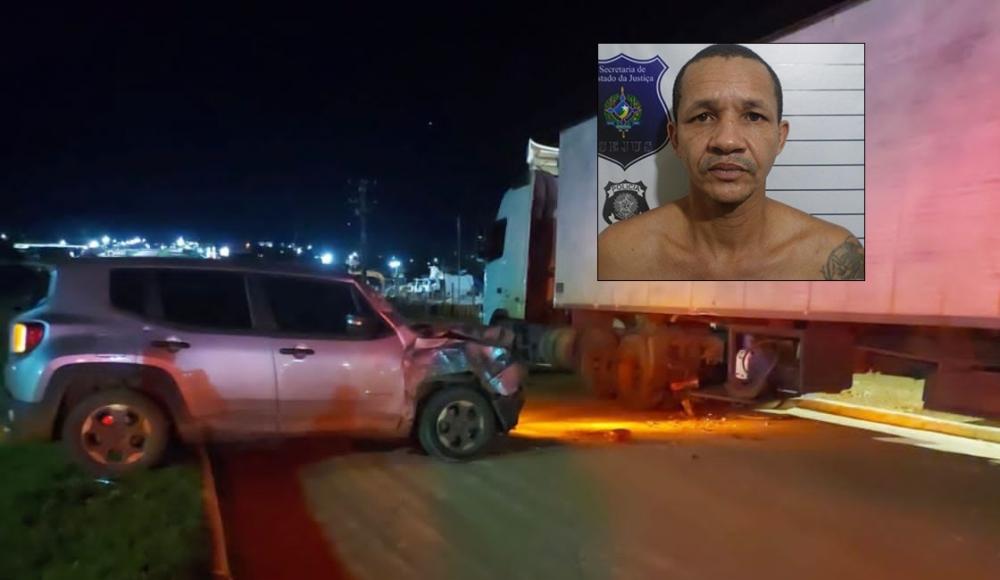 Foragido foge da Polícia com carro roubado e acaba colidindo carro em carreta durante perseguição