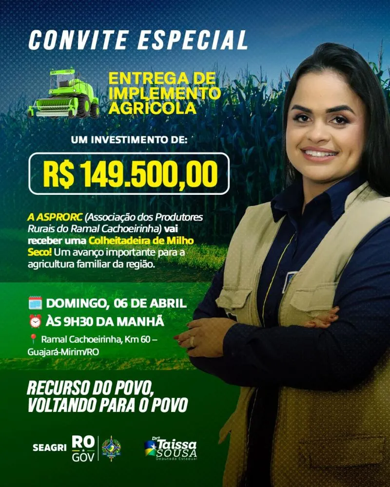 IMPLEMENTO AGRÍCOLA É ENTREGUE NO RAMAL CACHOEIRINHA PELA DEPUTADA TAISSA SOUSA