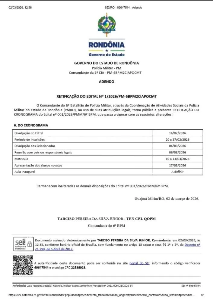 POLÍCIA MILITAR, POR MEIO DO 6º BPM PUBLICA RETIFICAÇÃO DO EDITAL Nº 1/2026/PM-6BPM2CIAPOCMT
