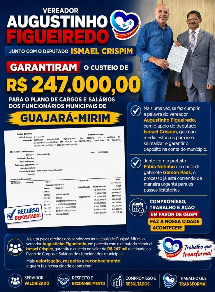 DEPUTADO ISMAEL CRISPIM GARANTE R$ 247 MIL PARA PLANO DE CARGOS DOS SERVIDORES DE GUAJARÁ-MIRIM A PEDIDO DE AUGUSTINHO FIGUEIREDO